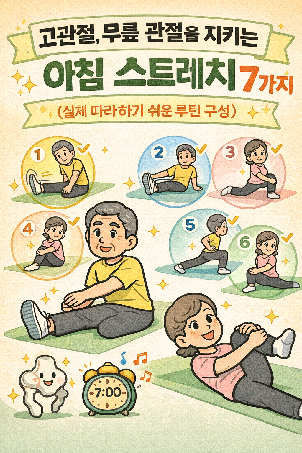 고관절, 무릎 관절을 지키는 아침 스트레치 7가지(실제 따라하기 쉬운 루틴 구성)