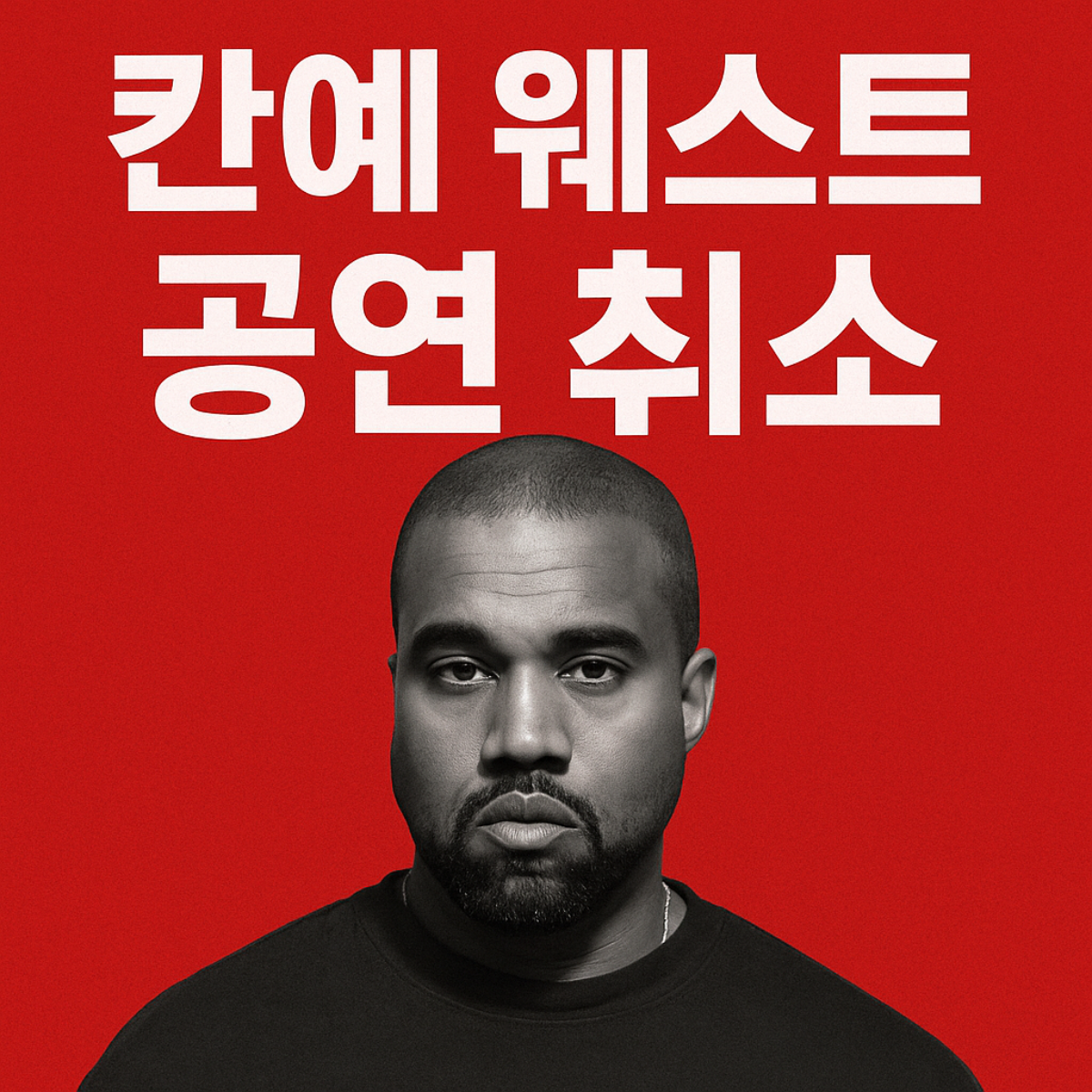 붉은 배경 위에 진지한 표정의 칸예 웨스트와 '칸예 웨스트 공연 취소'라는 대형 한글 텍스트가 강조된 정보성 썸네일 이미지