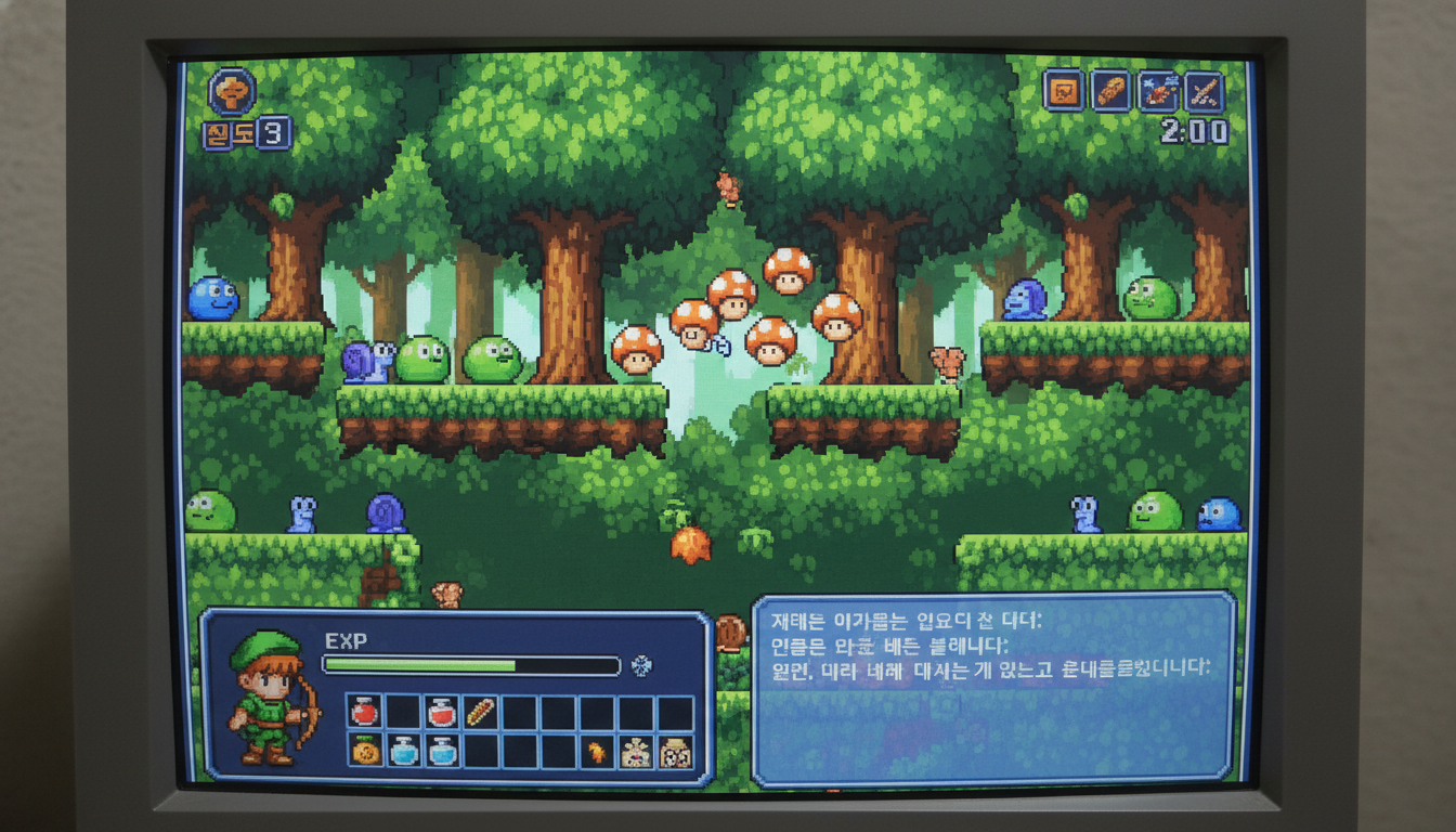메이플스토리 월드 게임 화면, 초반 사냥터에서 사냥하는 모습.