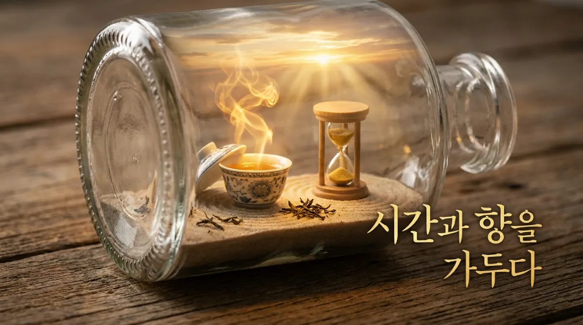 찻잔 뚜껑으로 향을 가두고 모래시계로 시간을 재며 기다리는 찻 다도의 미니어처 유리 보틀 이미지