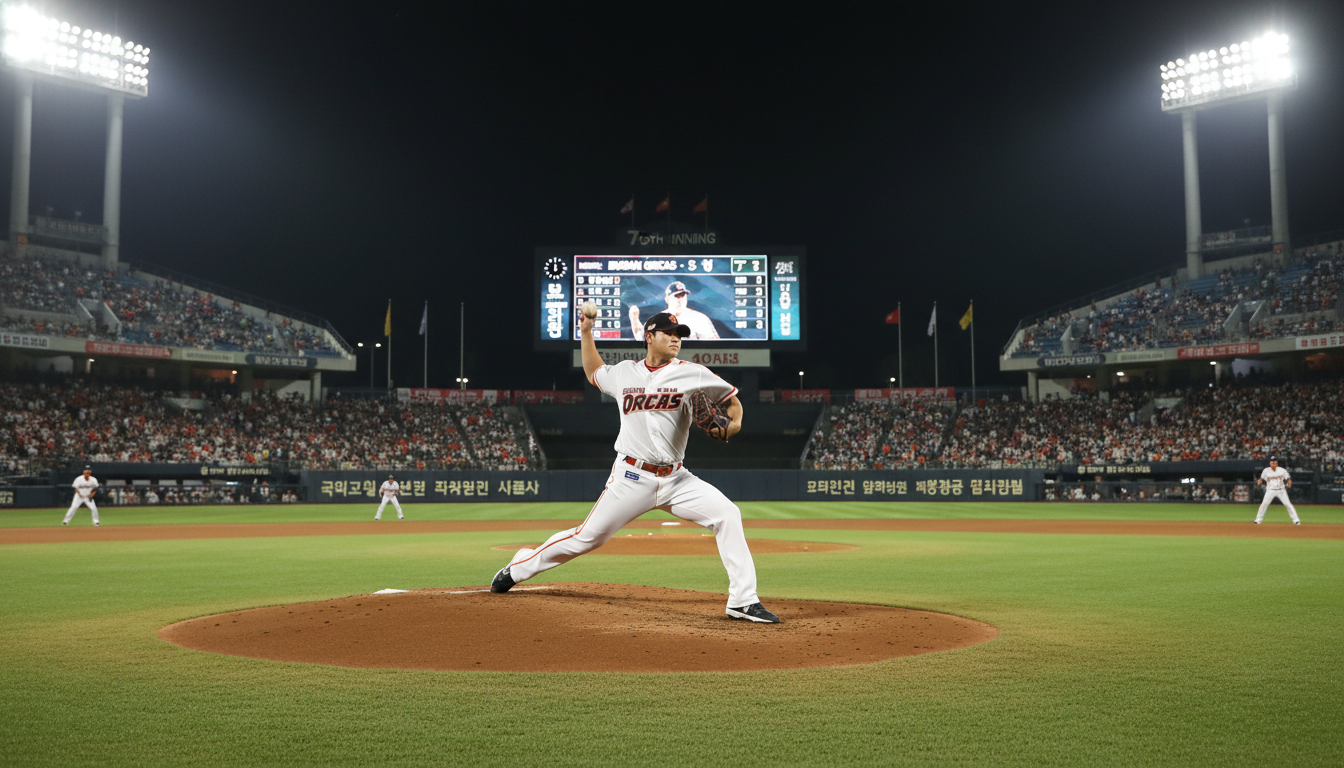 마운드에서 역동적으로 투구하는 류현진 선수와 열광하는 한화 이글스 야구장 전경