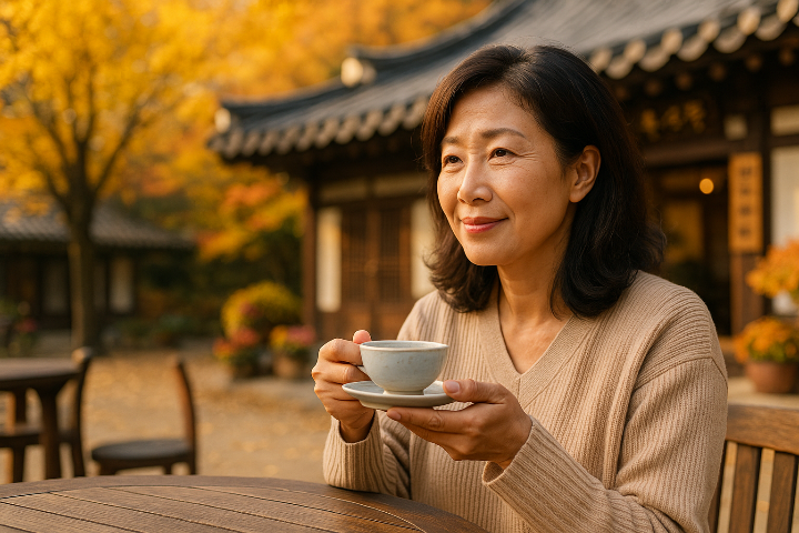 정읍 쌍화차 거리 분위기의 야외 테이블에서, 전통 찻잔을 들고 있는 중년 여성