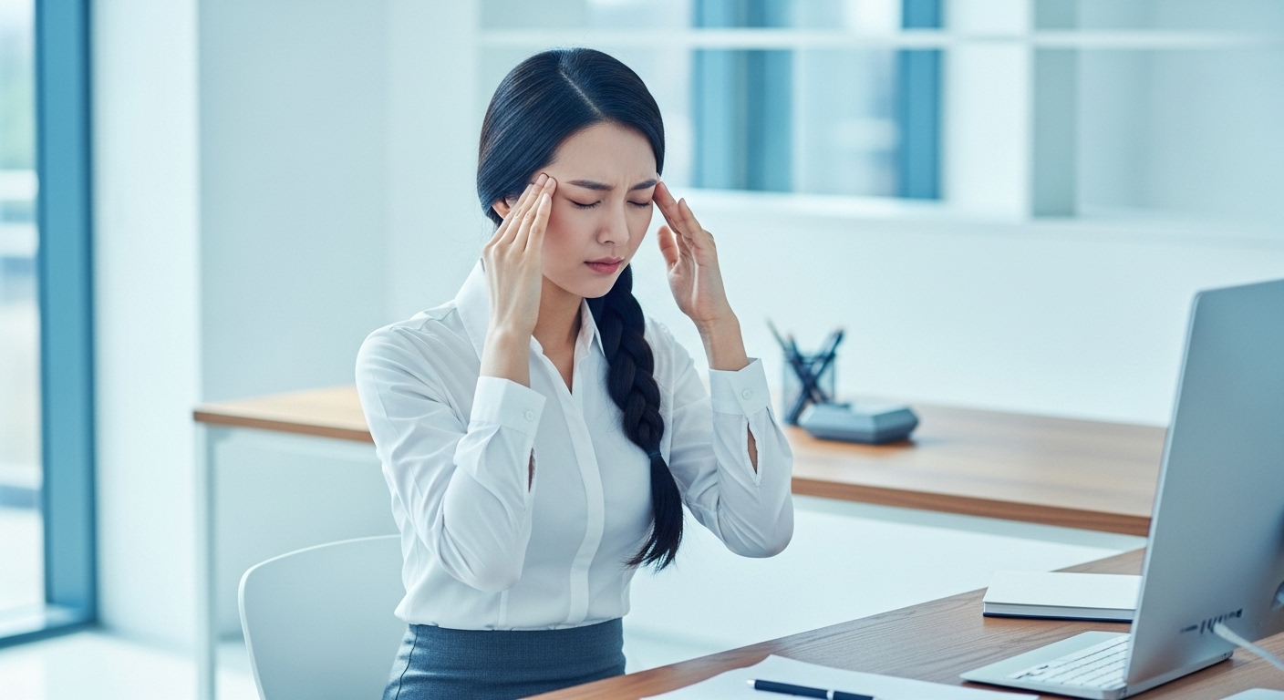 관자놀이를 누르며 고통스러워하는 직장인 여성