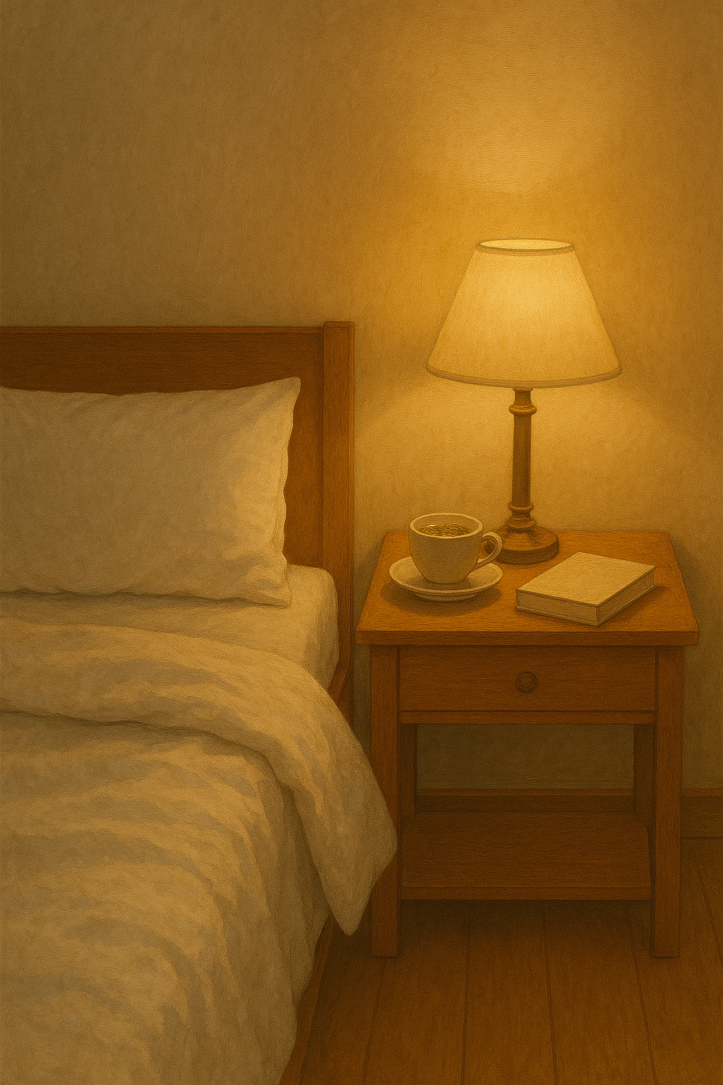 따뜻한 조명 아래 허브차와 책이 놓인 미니멀한 침실, 숙면을 유도하는 평온한 분위기