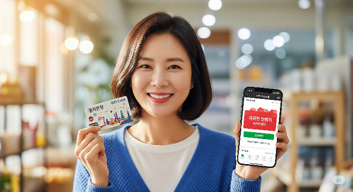 지역사랑상품권 카드와 모바일 앱을 보여주는 여성. 소비쿠폰을 현명하게 사용하는 모습.