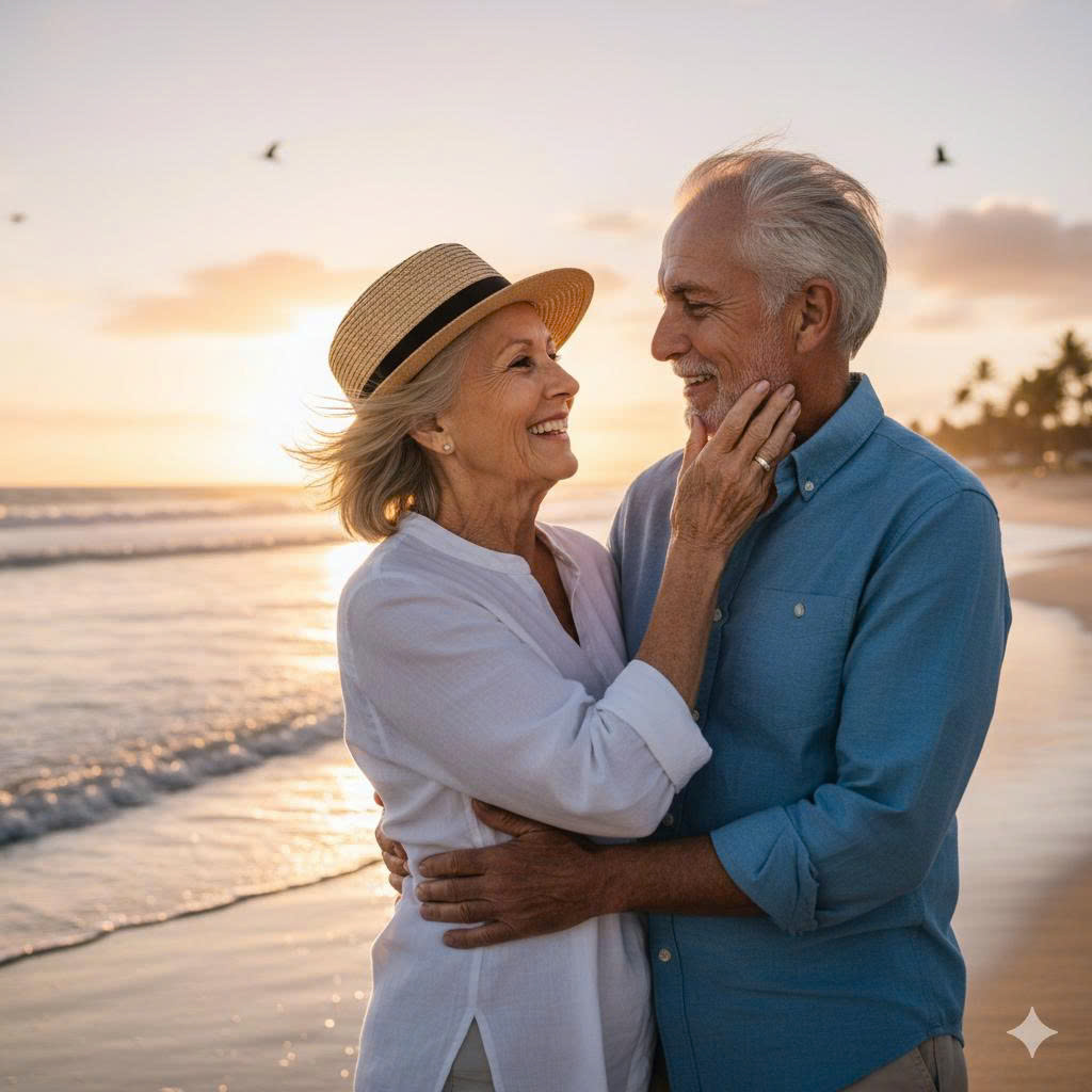 해변가에 노부부 서로를 바라보고 행복한 미소를 짓고 있다