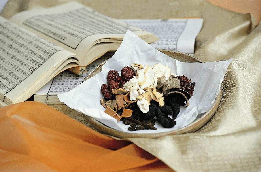 대추, 계피, 숙지황, 산수유, 산약 등을 담은 동그란 그릇과 한방고서를 펼쳐 놓은 것을 바닥에 같이 놓아두고 찍은 사진