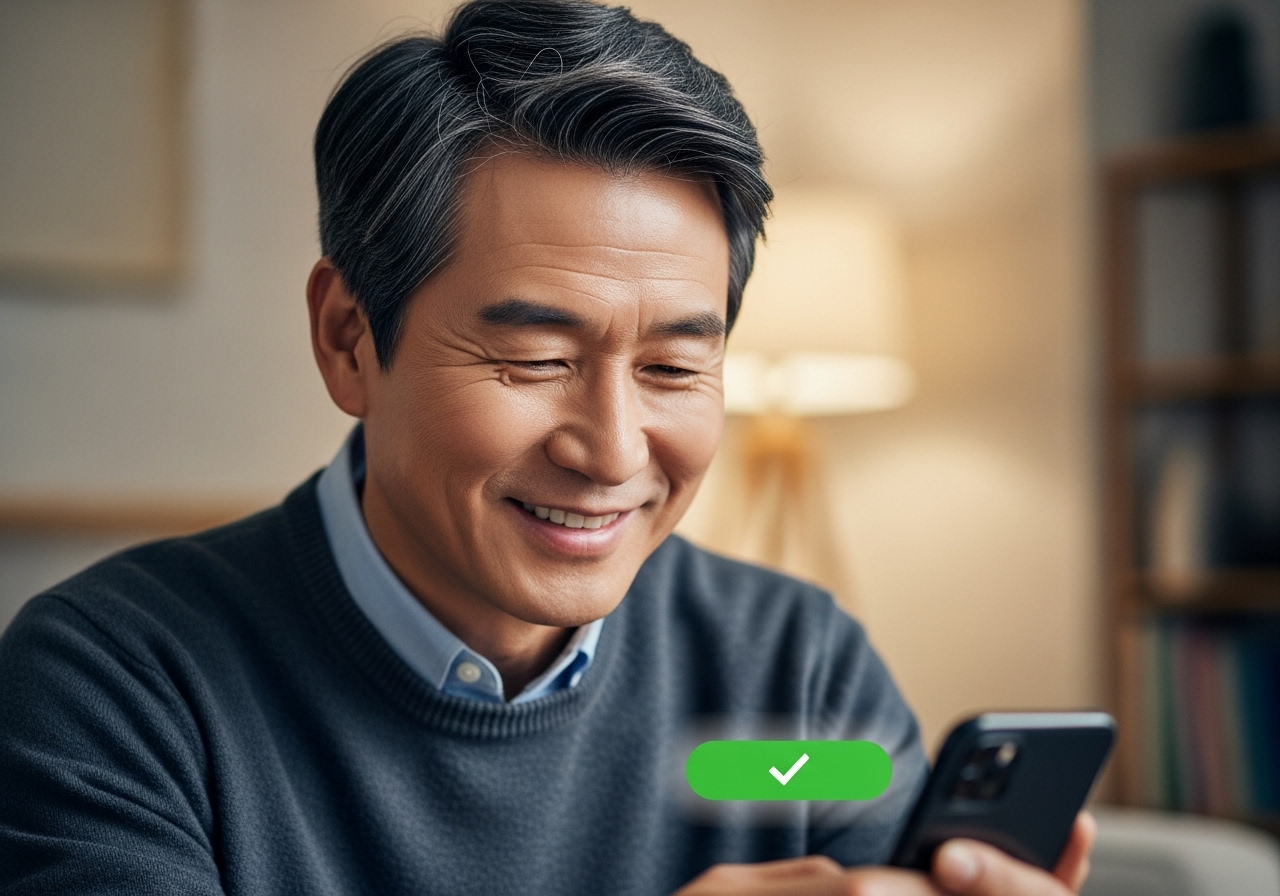 50대 남자 휴대폰으로 완료 체크하는 모습