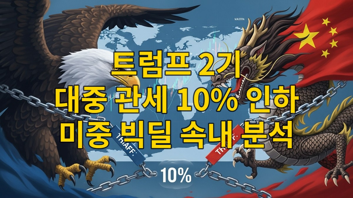 미국과 중국 국기를 상징하는 색상과 동물(독수리, 용)이 복잡한 관세 사슬로 연결되어 긴장감 넘치는 무역 갈등을 상징하는 모습. 관세율 인하로 인해 사슬이 약간 느슨해진 모습이 특징.