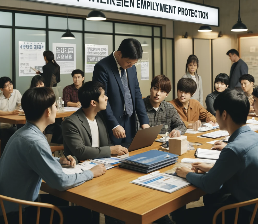 외국인 근로자가 근로복지를 배우는 사무실 장면