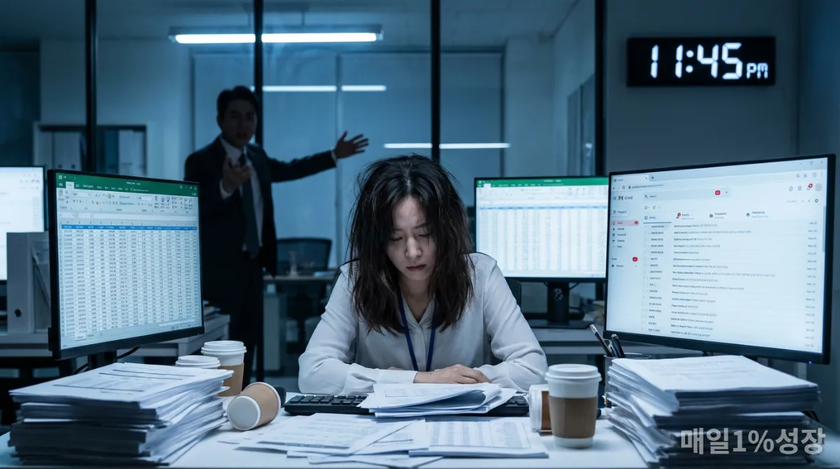 과도한 업무와 스트레스로 지쳐 보이는 한국인 직장인