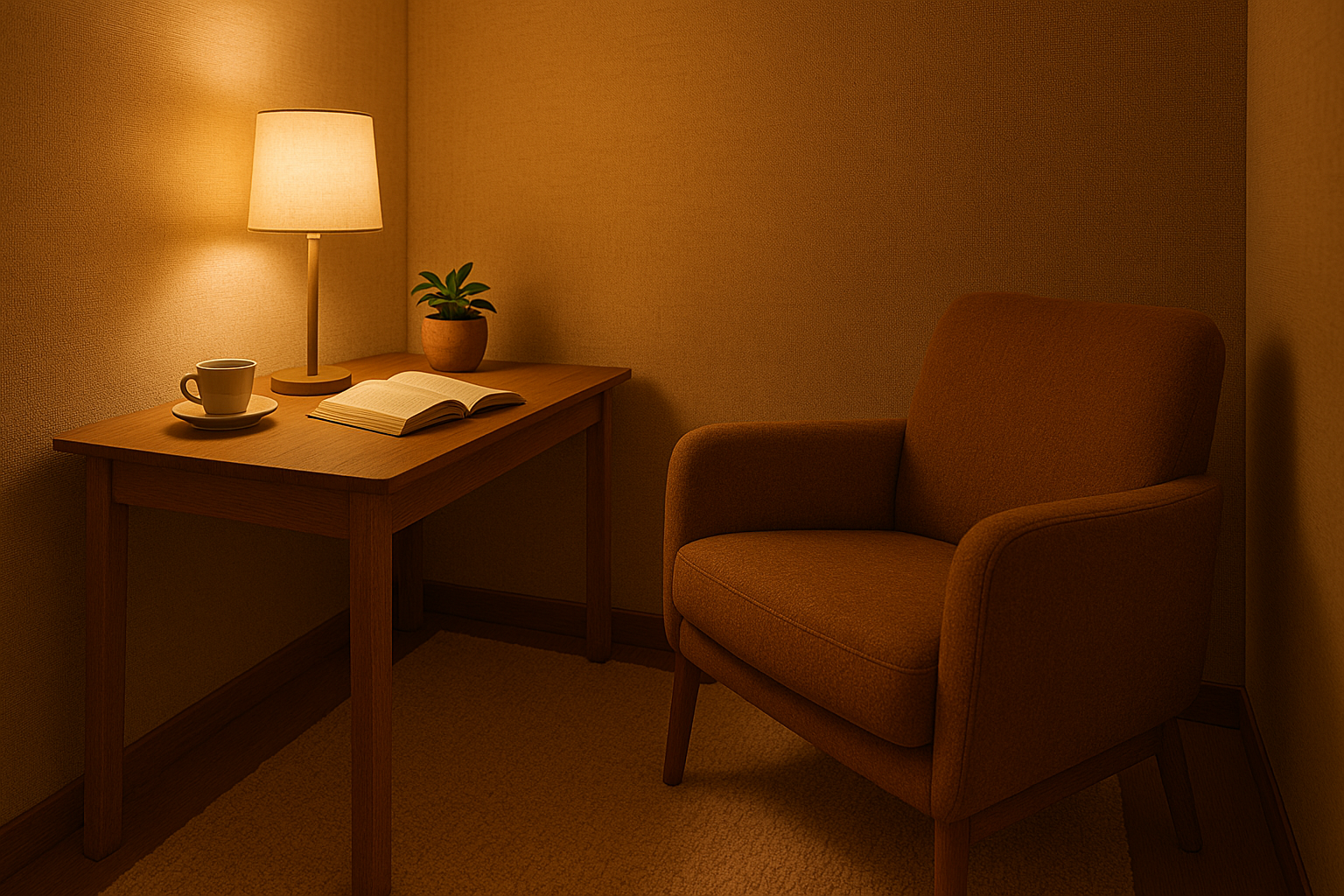 따뜻한 색감의 작은 방 한 켠에 조용한 독서 공간이 꾸며져 있다(Ai생성이미지)