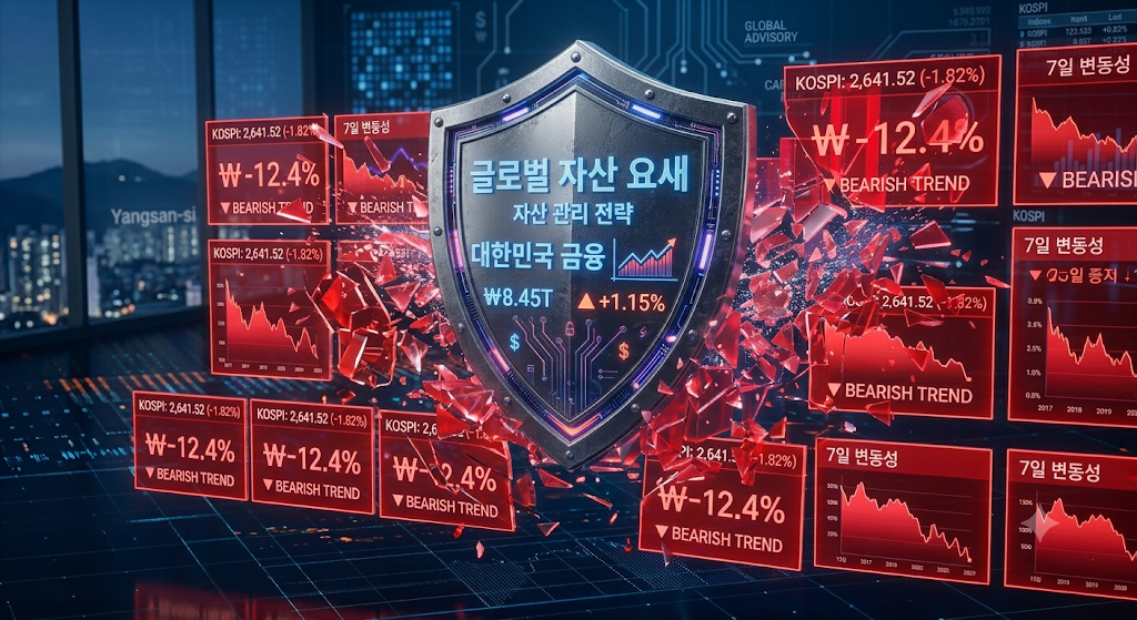 무섭게 무너지는 주가 차트 너머로 해치펀드 엑스칼리버 검과 9대 자산군의 단단한 방패가 내 연금 계좌를 철통 방어하는 하이테크 금융 그래픽