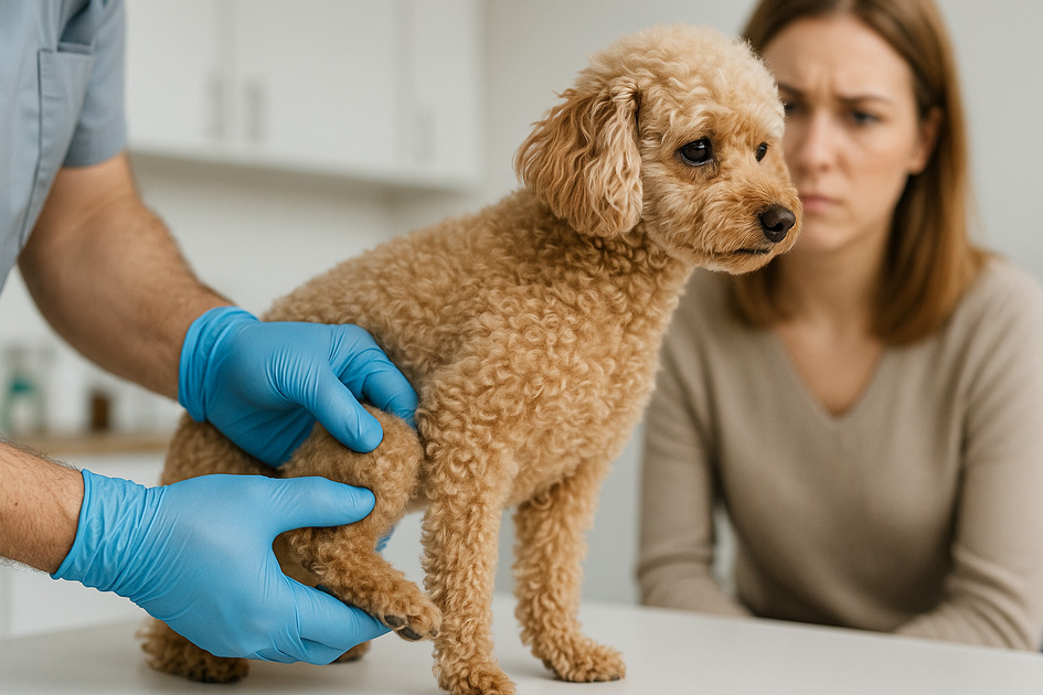 강아지 슬개골 탈구 확인하는 동물병원 의사