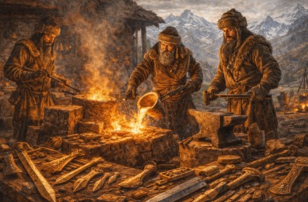 알타이 지역 고대 청동기 장인들이 청동 무기를 주조하고 단조하는 제작 장면