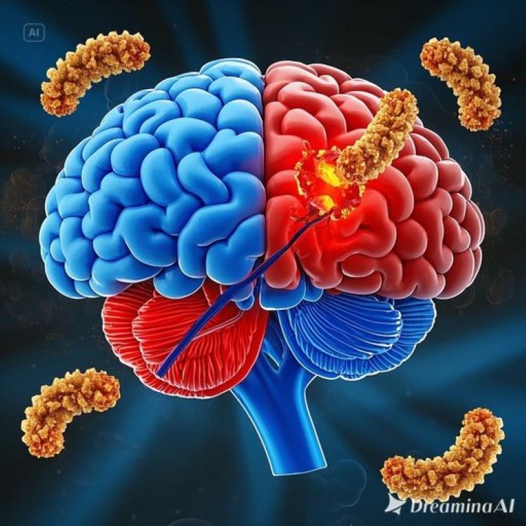 인체의 뇌 단면도에서 소뇌 부분이 강조되어 있고, 한쪽에는 건강한 소뇌(푸른색), 다른 쪽에는 염증으로 손상된 소뇌(붉은색)가 표시되어 있으며, 주변에는 글루텐 분자와 항체들이 공격하는 모습을 보여주는 의학적 일러스트레이션