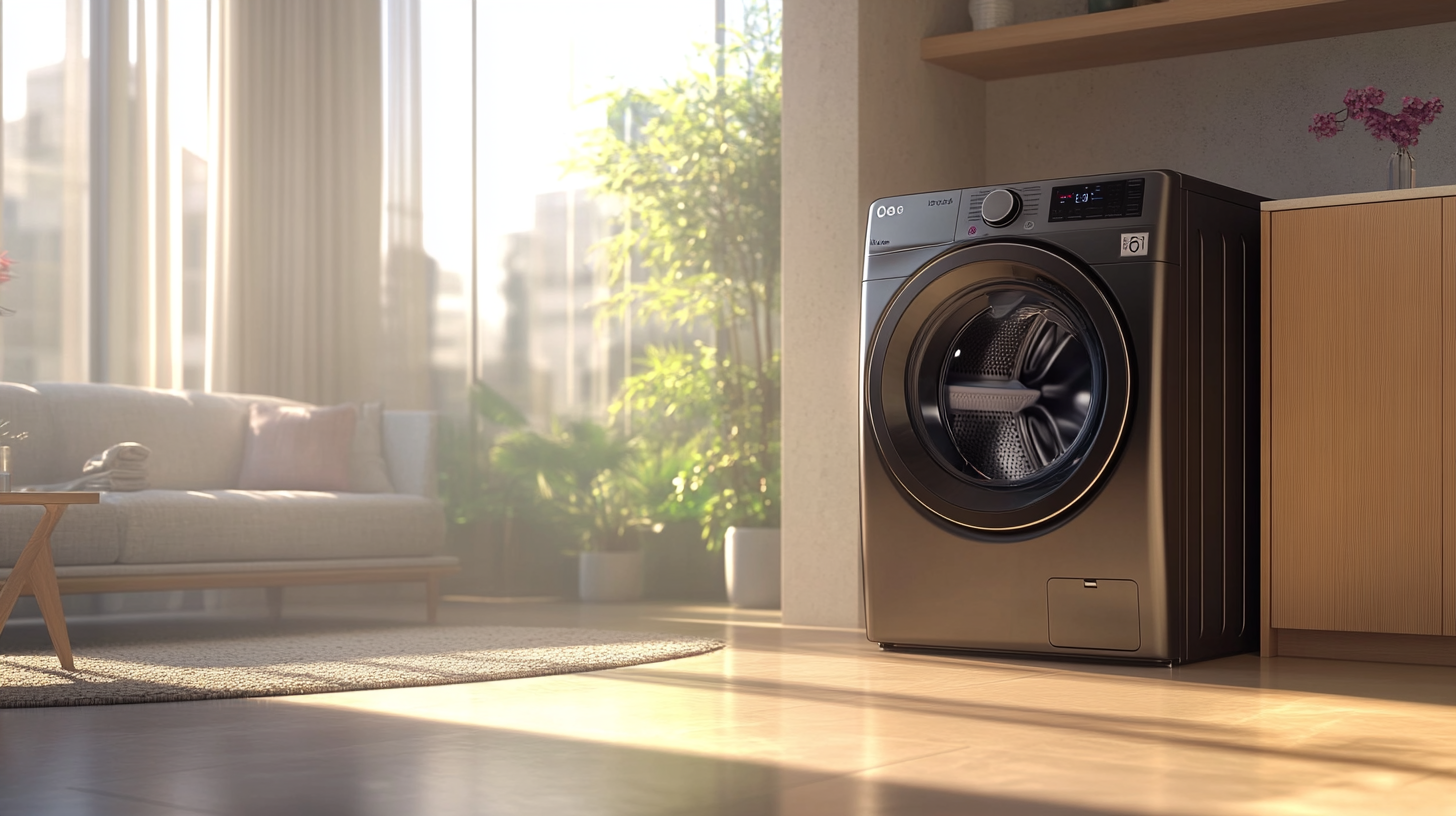 LG 트윈워시가 듀얼 세탁 공간을 보여주는 밝고 미니멀한 실내에서 사용 중인 모습, 혁신적 디자인을 강조.