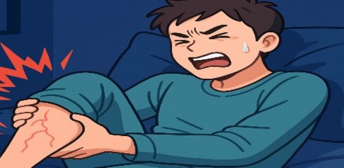 자다가 종아리 근육에 쥐가 나서 고통스러워하며 다리를 부여잡고 있는 남성의 모습, 하지근육경련 증상을 강조한 일러스트.