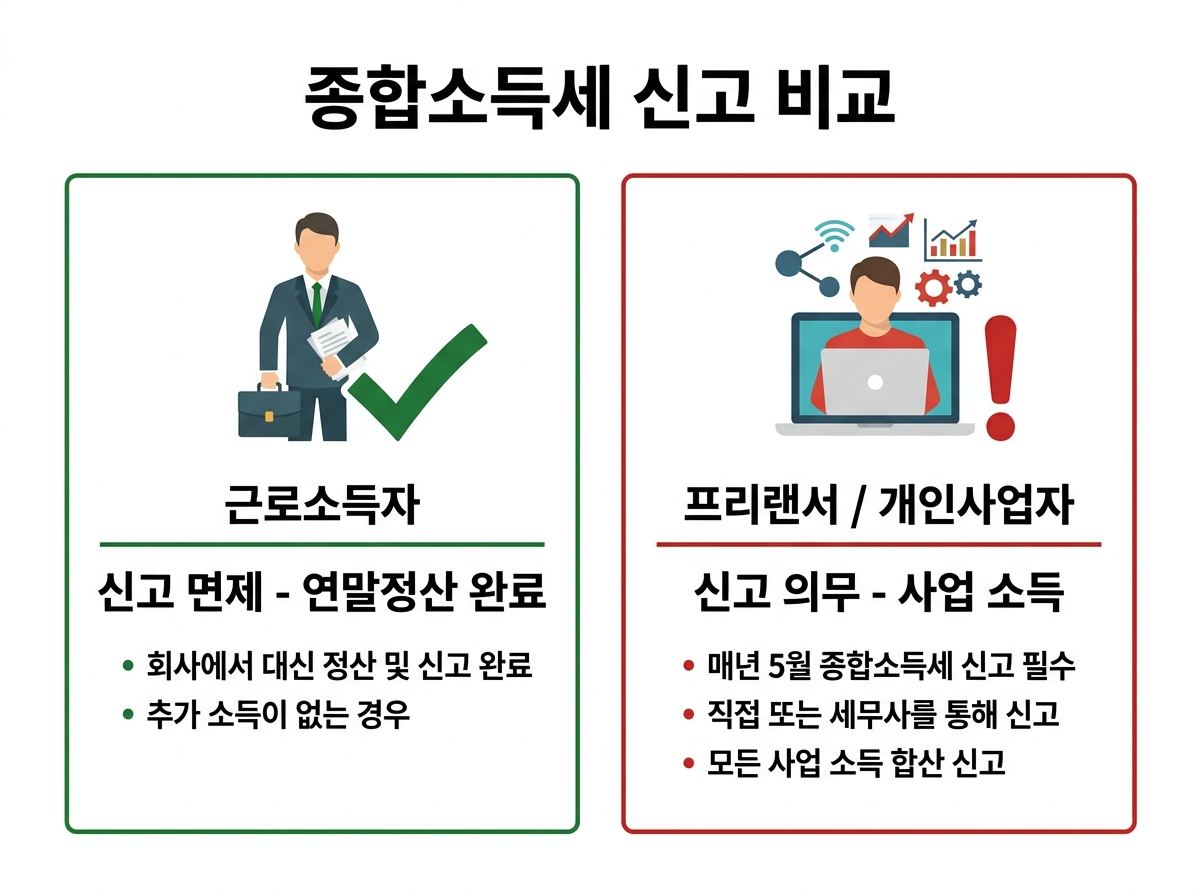 직장인과 프리랜서 종합소득세 신고 의무 구분 비교