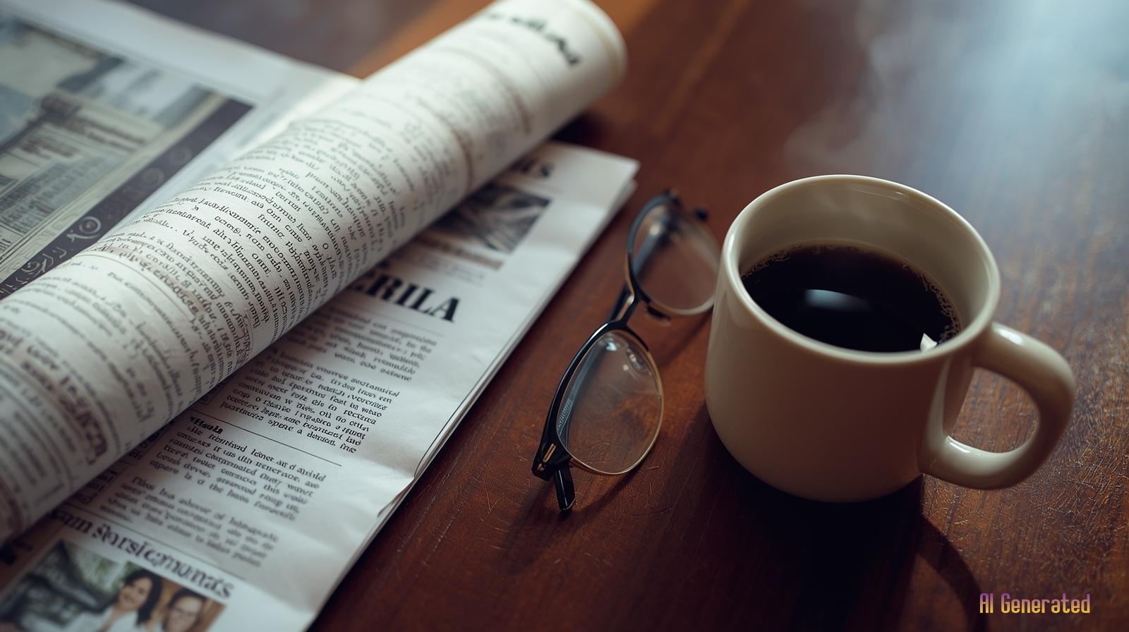 신문과 커피가 놓인 미니멀한 책상, 하루를 정리하는 조용한 아침 풍경