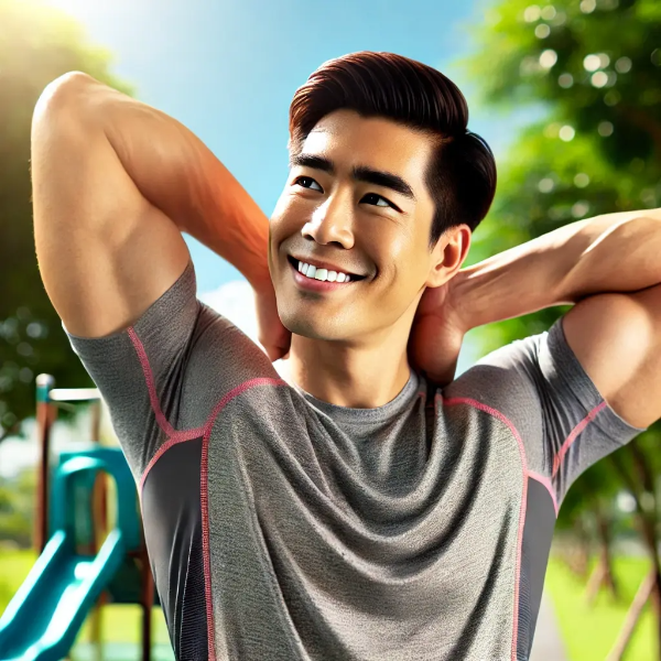 야외에서 어깨 스트레칭으로 통증을 관리하는 동양인 남성