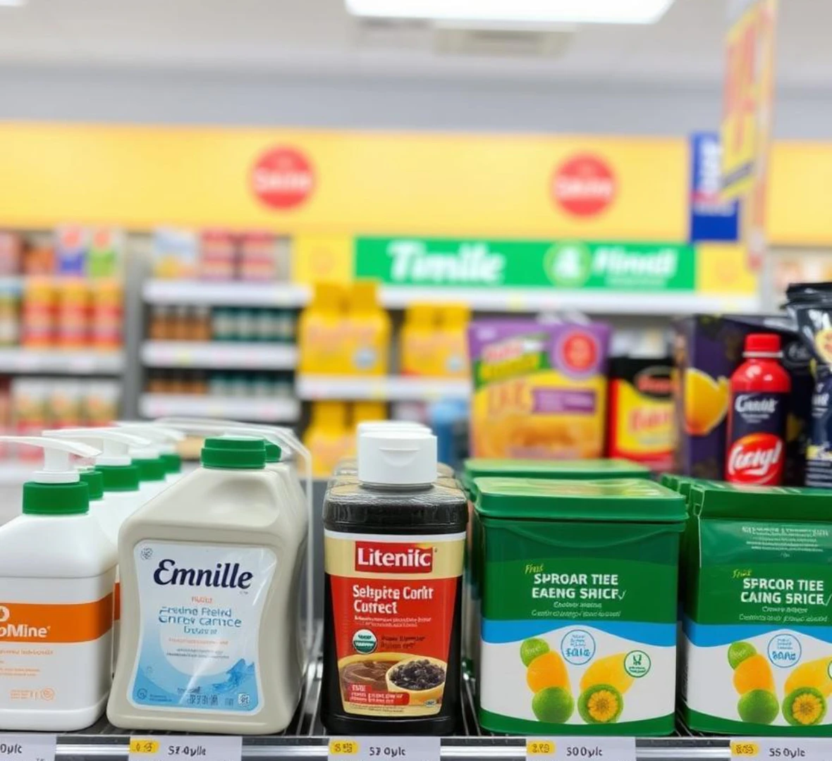 마트에 식료품들이 진열되어 있다