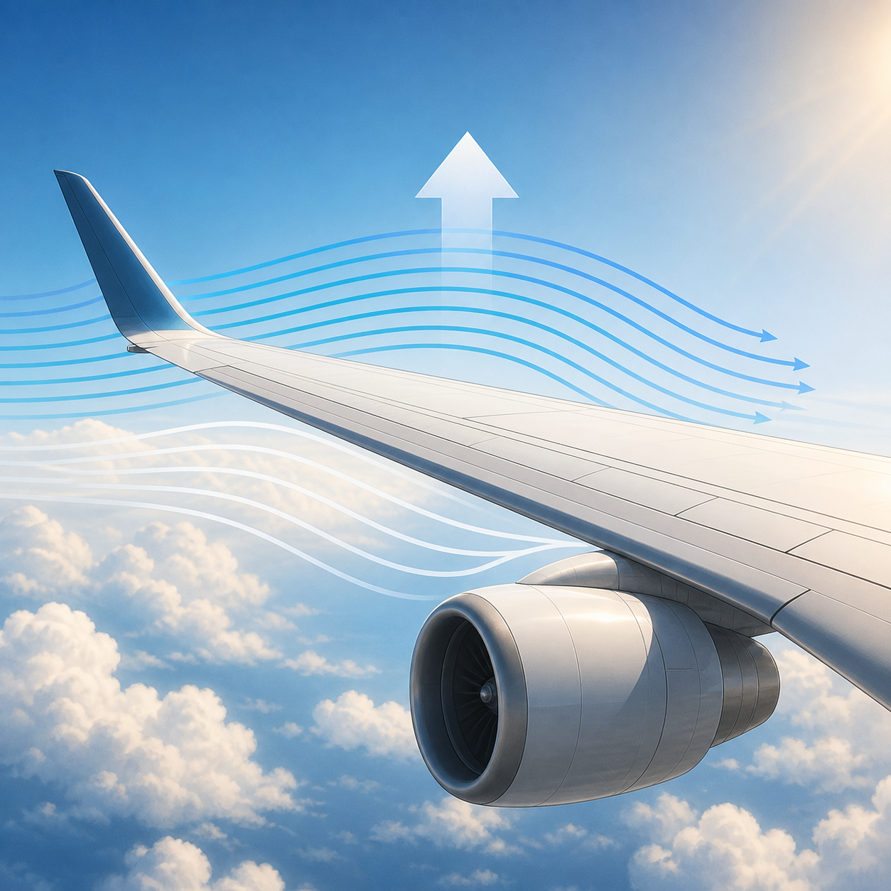 Airplane wing creating lift in an educational illustration