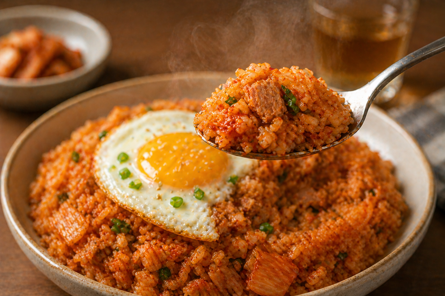 참치김치볶음밥 한 숟가락 떠서 먹는 장면