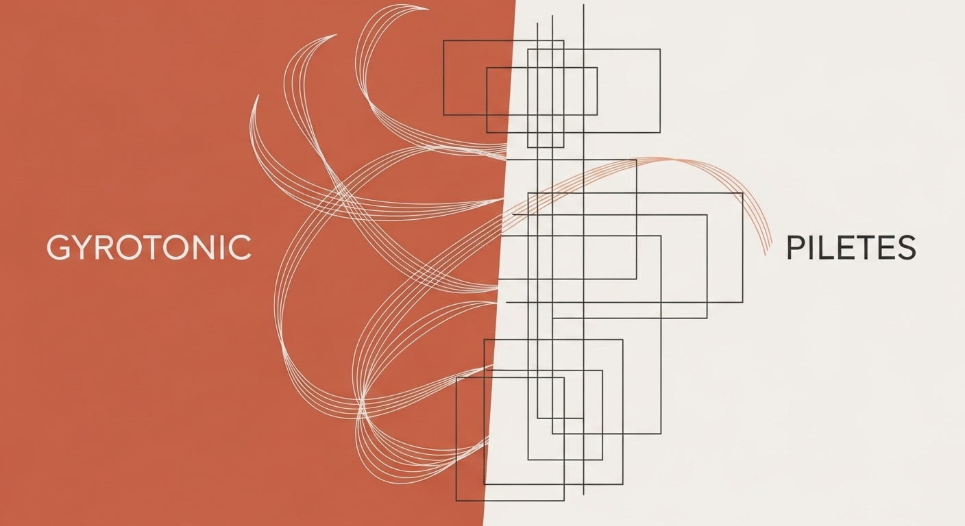 자이로토닉의 유기적인 3차원 움직임과 필라테스의 정교한 코어 움직임을 시각적으로 비교한 개념 이미지.