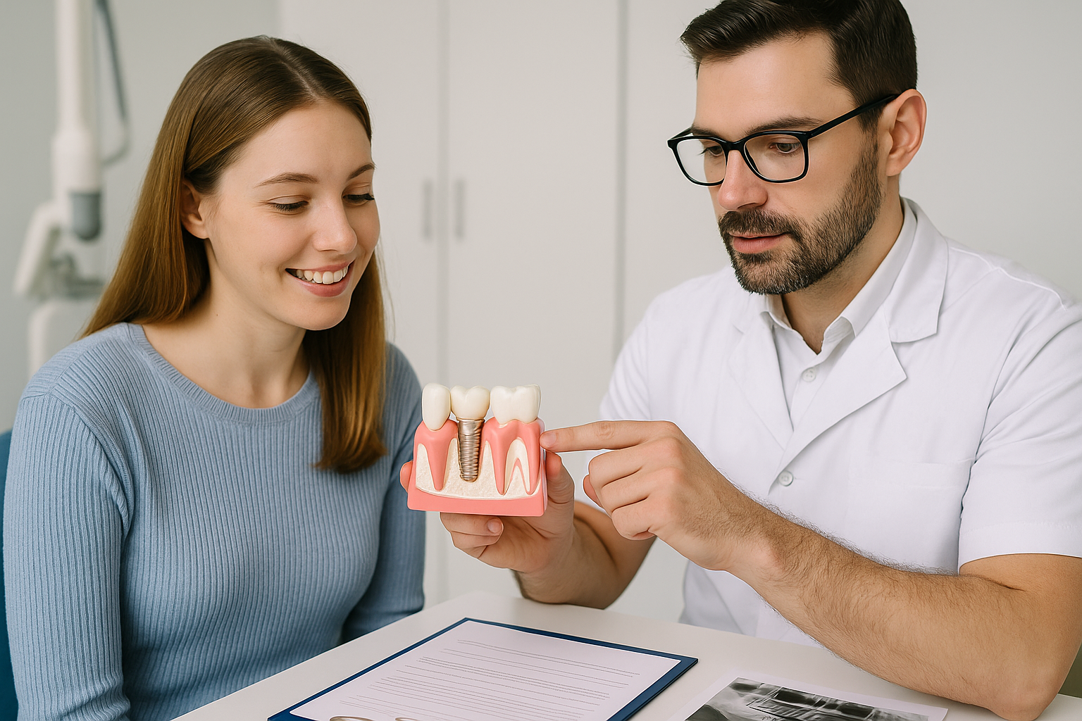 임플란트 치료 상담을 받고 있는 여성과 임플란트 치료 설명을 해주는 의사