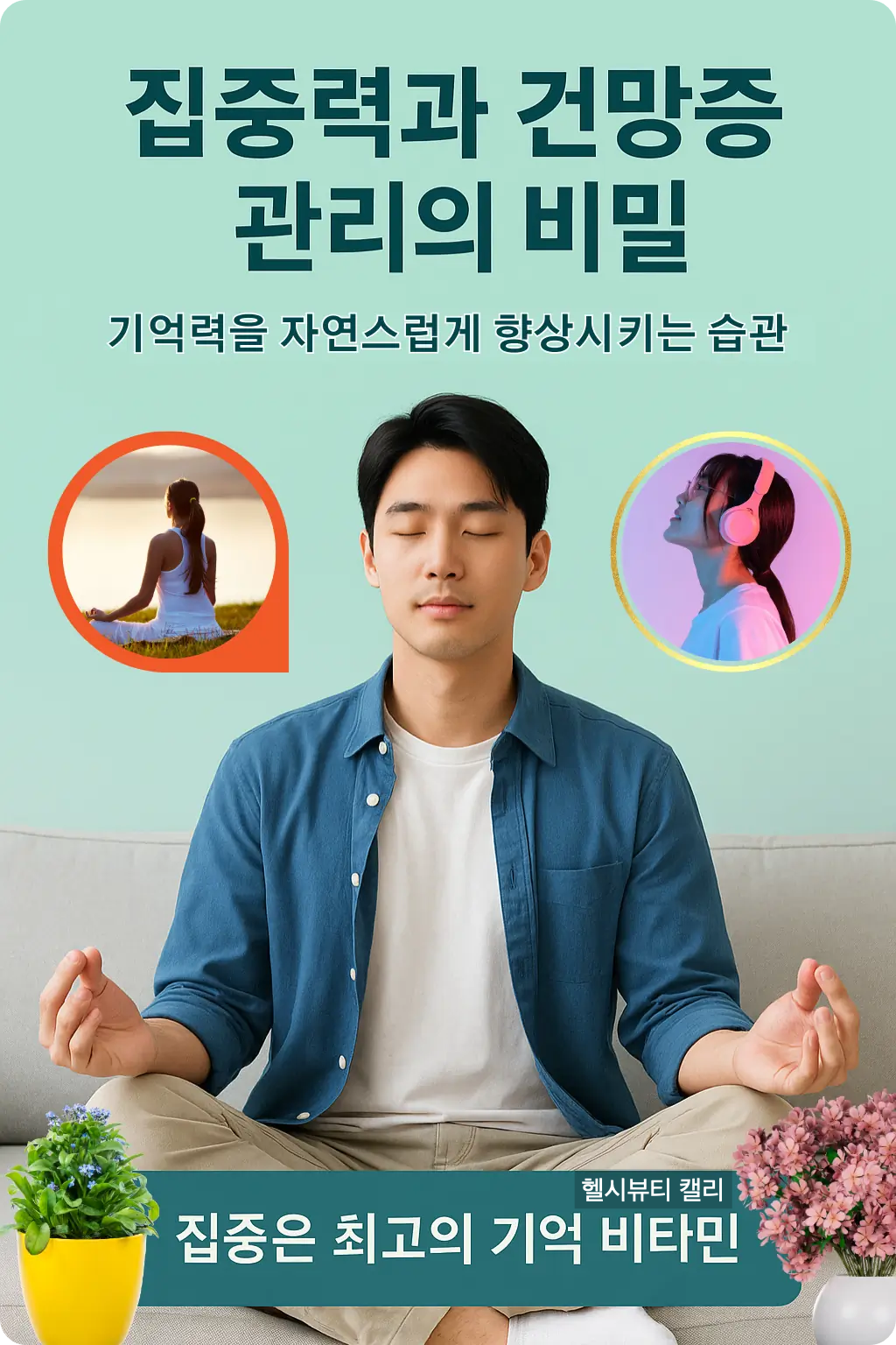 20대 남성이 명상하는 모습의 세로형 프리미엄 인포그래픽 - 건망증 완화와 집중력 훈련 강조