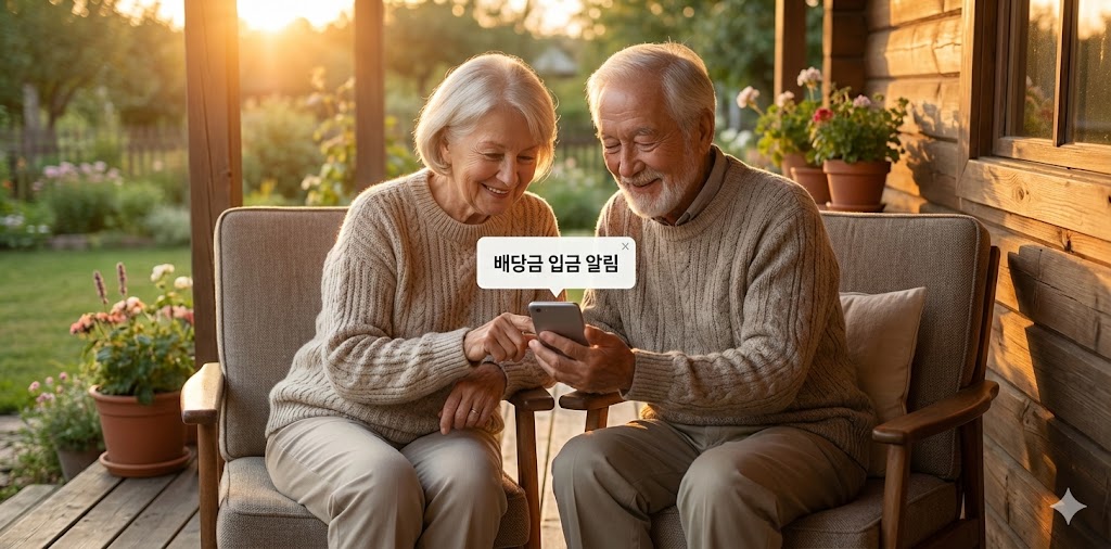 평화로운 노후, 창밖으로 노을이 지는 테라스에 앉아 '배당금 입금 알림'을 확인하며 미소 짓는 노부부의 모습
