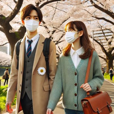 마스크를 하고 꽃나무 아래를 걷는 남녀