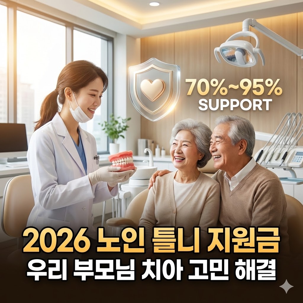2026년 만 65세 이상 노인 틀니 국가보조금 지원 혜택 안내. 본인부담률 30%와 수급자 우대 혜택, 7년 주기 재지원 규정 및 5단계 신청 절차를 상세히 설명한 가이드 이미지.