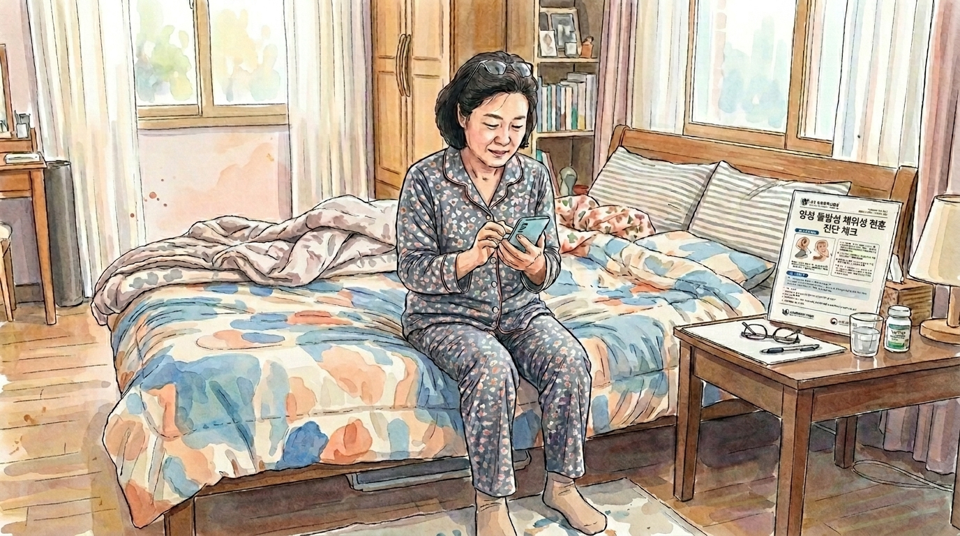 갑작스러운 어지럼증으로 이석증과 빈혈 증상 자가 진단법을 휴대폰으로 확인하며 체크하는 중년의 모습.