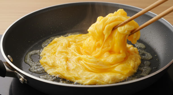 달걀 스크램블이 만들어지고 있다.