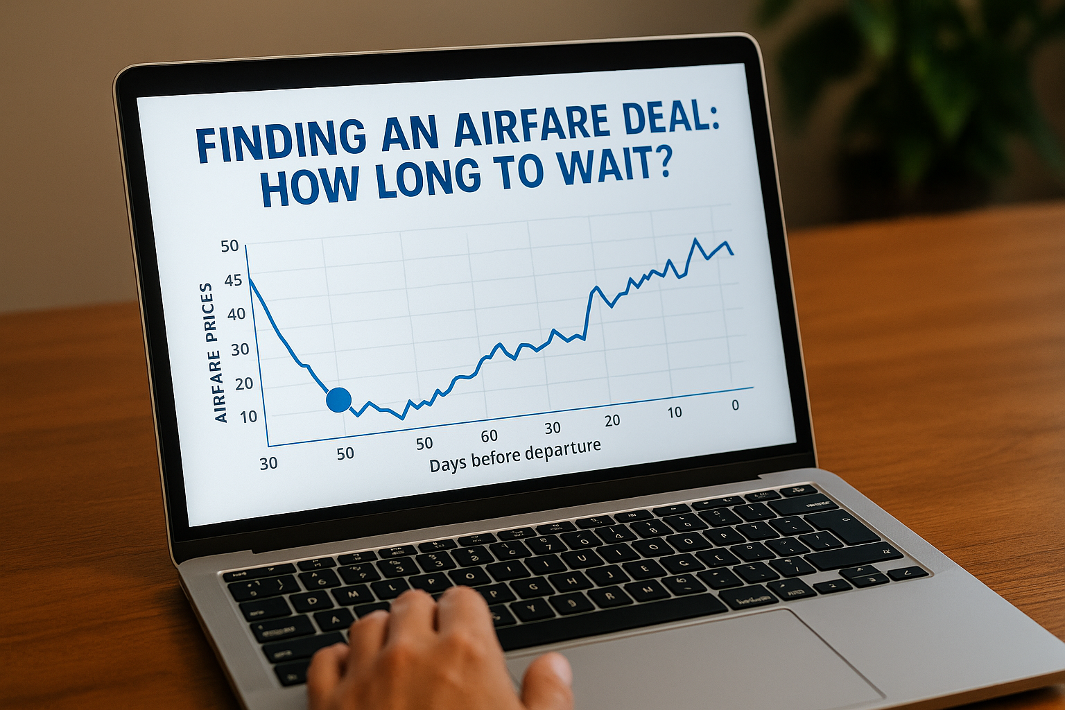 노트북 화면에 항공권 가격 변동 그래프가 표시되어 있으며&amp;#44; &amp;quot;FINDING AN AIRFARE DEAL: HOW LONG TO WAIT?&amp;quot;라는 문구와 함께 가격이 출발일에 가까워질수록 오르는 추세를 보여줌. 사용자의 손이 키보드 위에 올려져 있음.