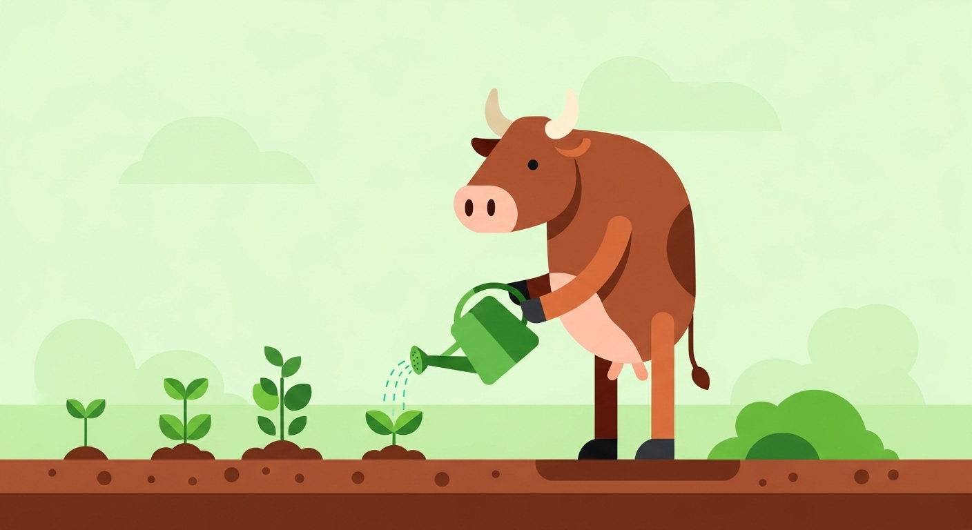 비옥한 밭에서 새싹에게 물을 주며 결실을 준비하는 소띠 캐릭터 일러스트