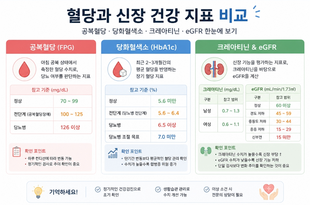 공복혈당, 당화혈색소, 크레아티닌&eGFR 비교