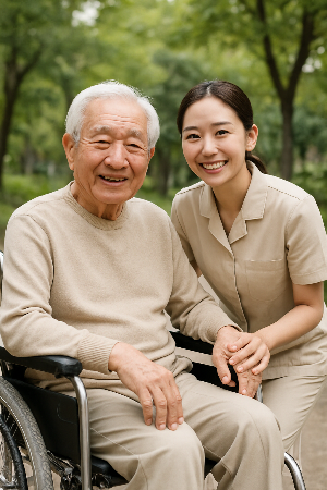 휠체어를 탄 어르신과 요양보호사가 함께 있는 모습