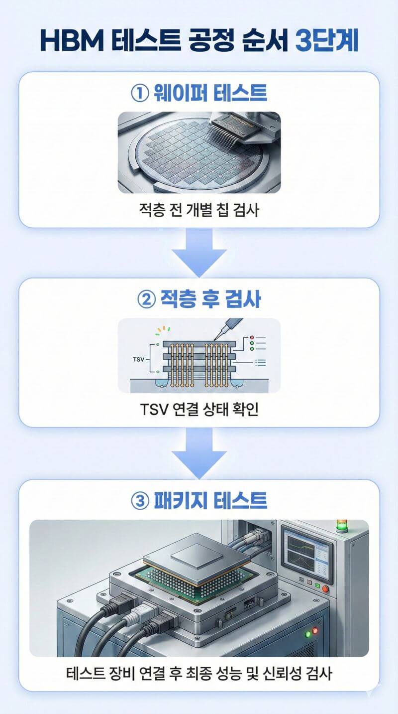 HBM 테스트 공정 순서 3단계인 웨이퍼 테스트, 적층 후 검사, 패키지 테스트 과정을 보여주는 흐름도