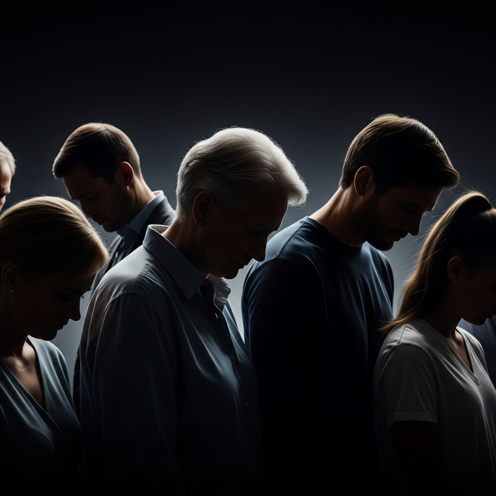 어두운 배경에 각기 다른 연령대의 사람들(노인, 청년, 중년)이 고개를 숙이고 있는 실루엣 이미지
