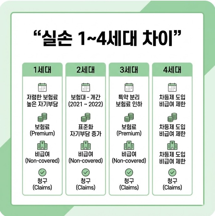 실손보험 1~4세대를 보험료·자기부담·비급여 기준으로 비교한 인포그래픽