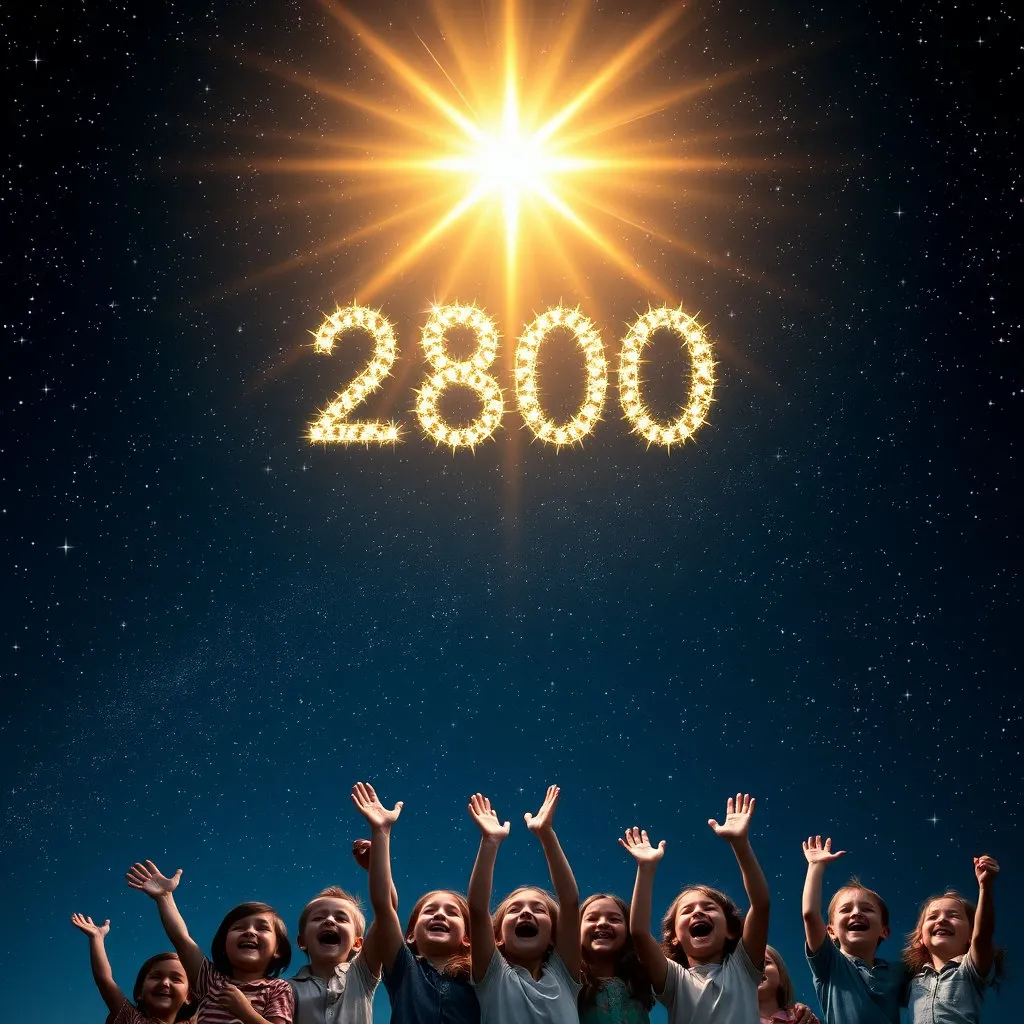 수많은 작은 별들이 모여 큰 별을 이루거나, 숫자인 '2800'이 반짝이는 빛으로 표현되어 하늘 위로 솟아오르는 모습입니다. 아래에는 환호하는 아이들의 모습이 작게 나타나 전체적인 축하 분위기를 연출합니다.