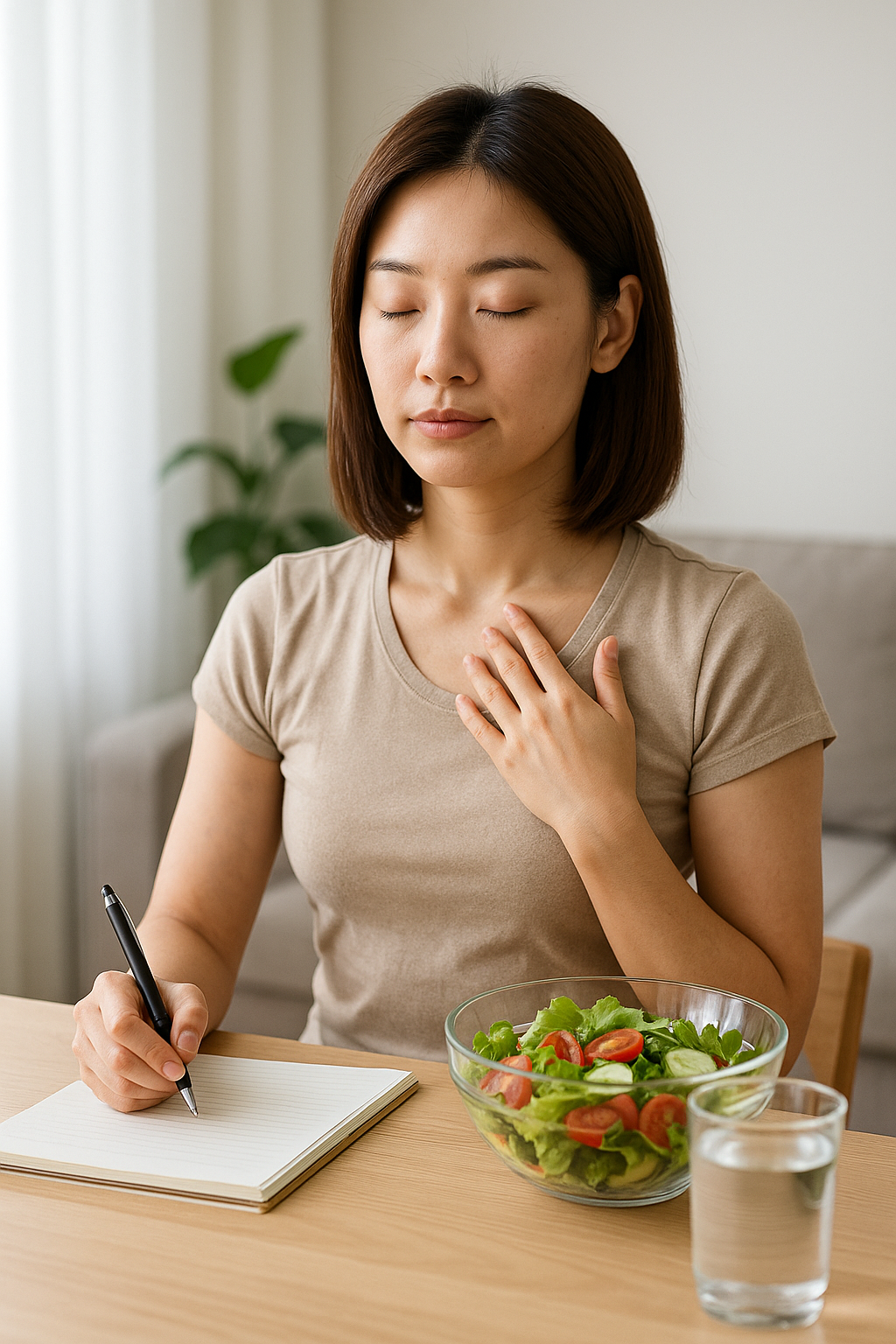 마음을 가다듬으며 일기를 적으려고 하고 있는 여자의 모습