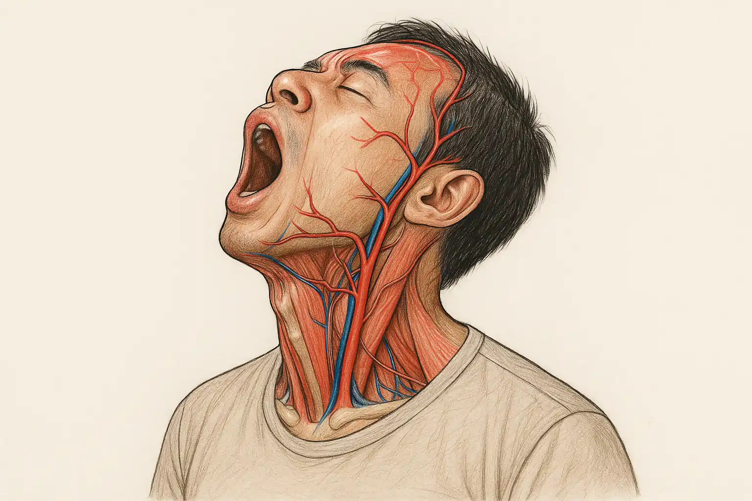 하품하며 목과 턱을 젖히는 동작 — 두개 내 혈류 변화와 목 근육 긴장