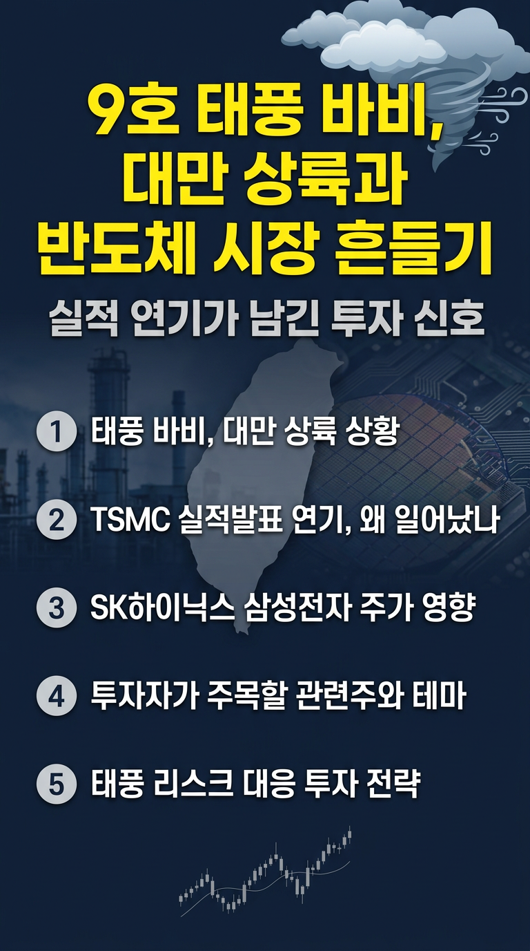 9호 태풍 바비 대만 상륙 가능성, TSMC 피해 예상, 실적발표 연기, 관련주, SK하이닉스, 삼성전자 주가 상승 영향 분석, 투자 전략 정리