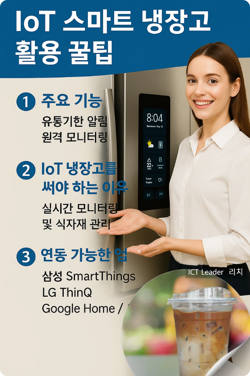 스마트 냉장고 옆에서 활용 팁을 설명하는 밝고 환한 20대 여성 모델의 모습과 함께, IoT 냉장고의 주요 기능 및 해킹 대비 꿀팁을 담은 프리미엄 인포그래픽