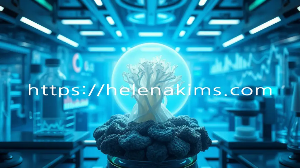 연구실 현미경을 확대된 듯 빛나는 세리포리아 락세라타 균사체가 중앙에 있고 주변으로는 그래프와 데이터들이 청색과 녹색이 어루러진 깨끗한 첨단적인 분위기 모습.