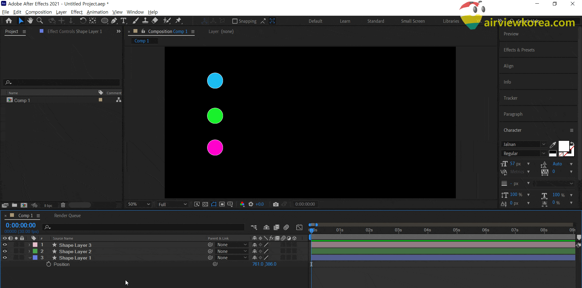 레이어에 동일한 속도로 움직이는 Linear Keyframe을 적용하여 등속도로 움직이는 것을 보여준다
